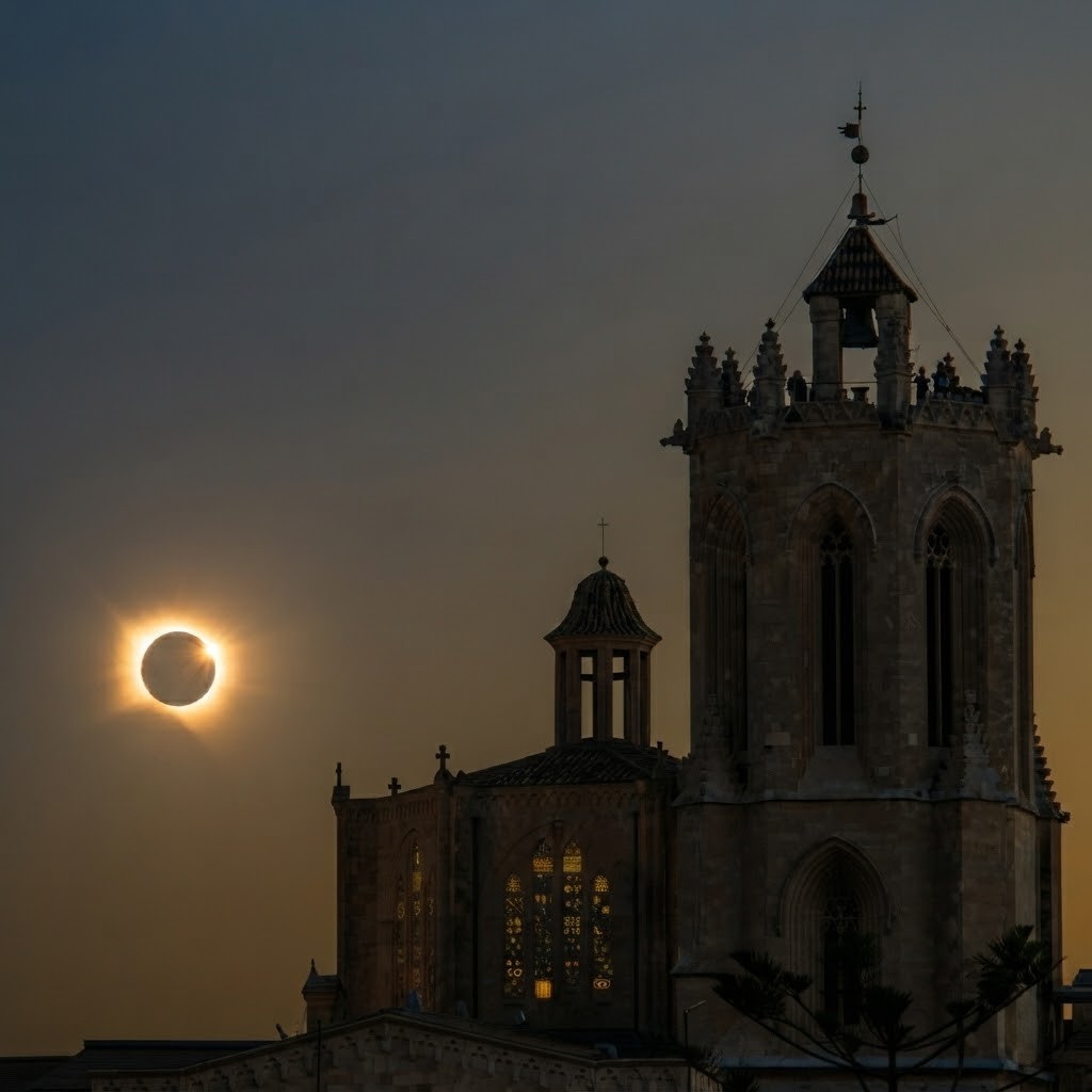 A total solar eclipse with a bright corona glowing around the dark moon, appearing next to the historic stone tower of an old church at dusk.