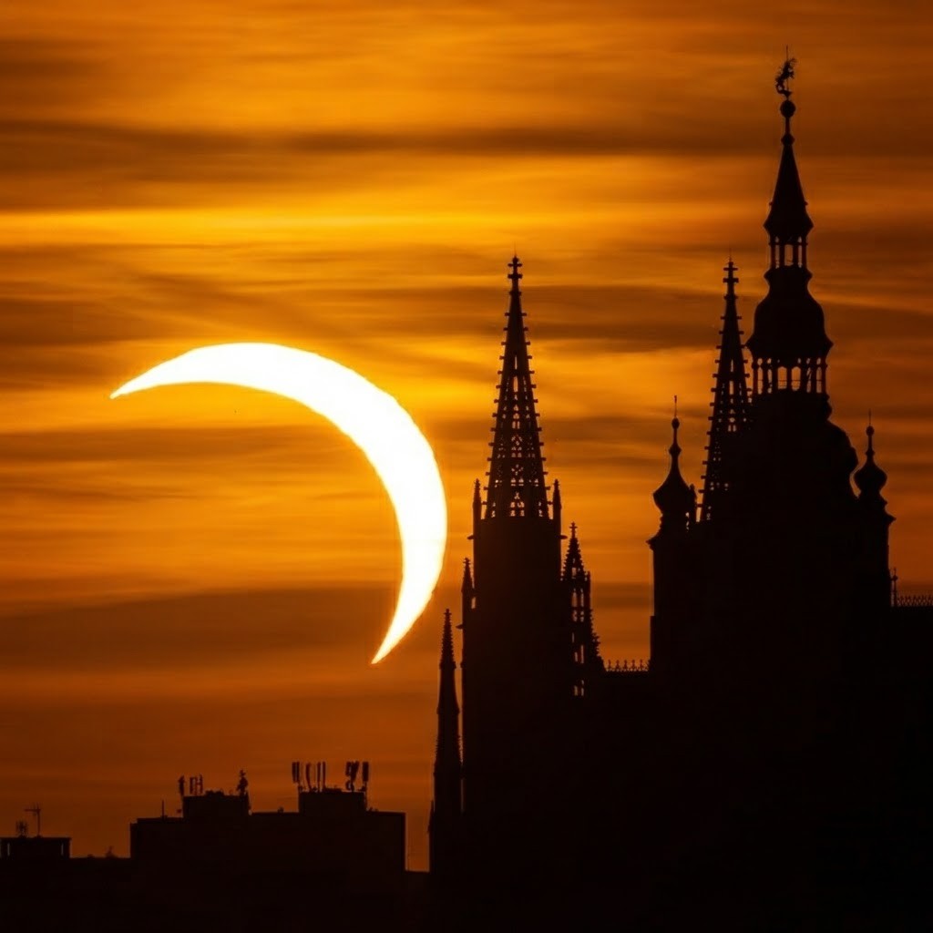 A dramatic partial solar eclipse resembling a glowing crescent sun in a fiery orange sunset sky, silhouetting the sharp spires of a gothic cathedral.