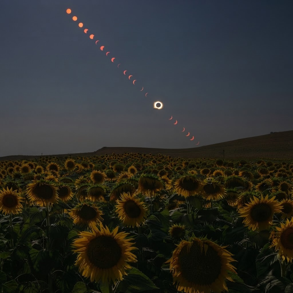 A composite sequence of a solar eclipse tracing an arc across a dark evening sky, viewed above a vast field of blooming sunflowers.