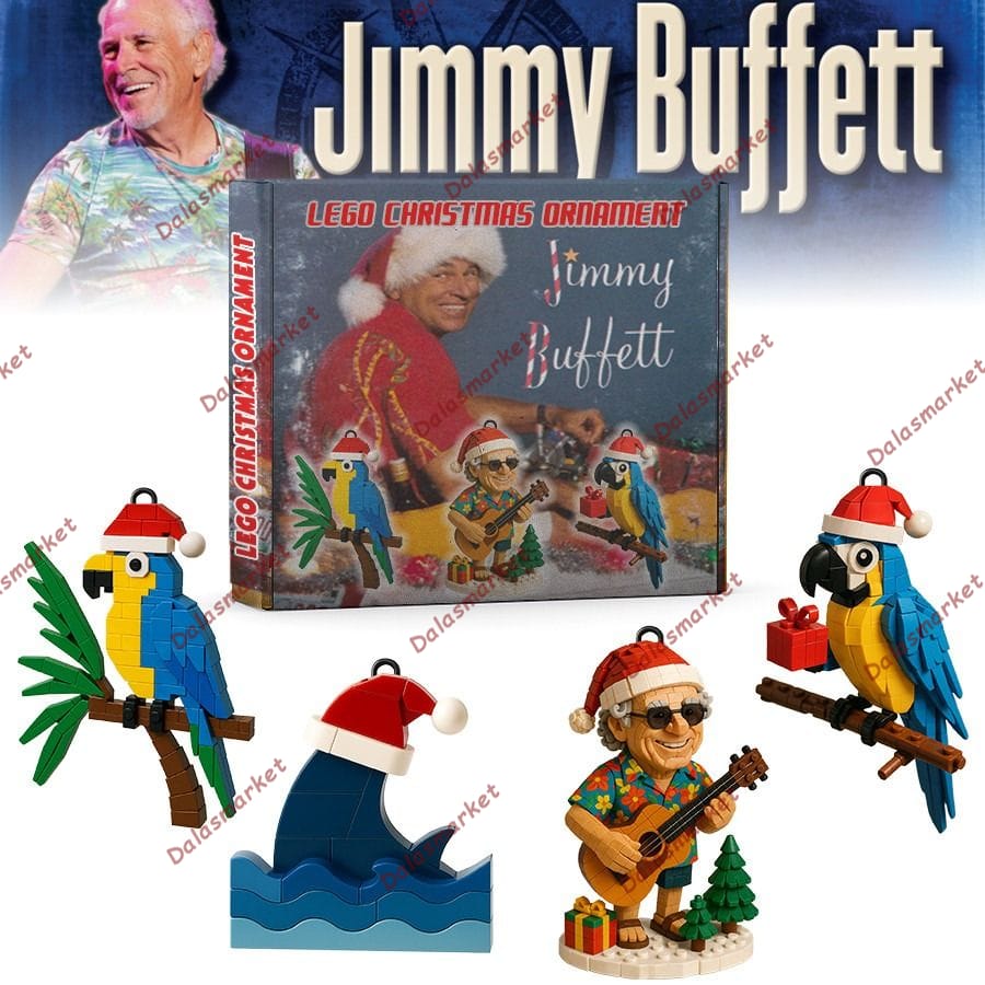 Jimmy Buffett Santa Hat Parrot and Wave Lego-Style Christmas Ornament