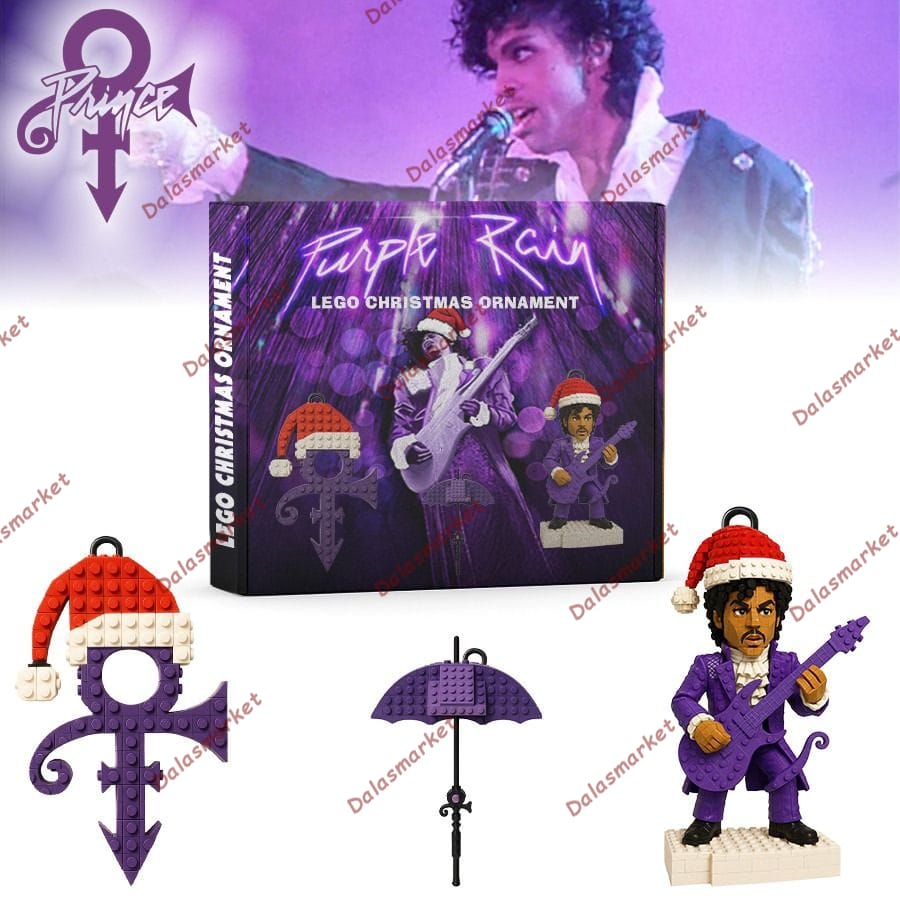 Prince Purple Rain Iconic Symbol And Santa Hat Lego-Style Christmas Ornament Set 2