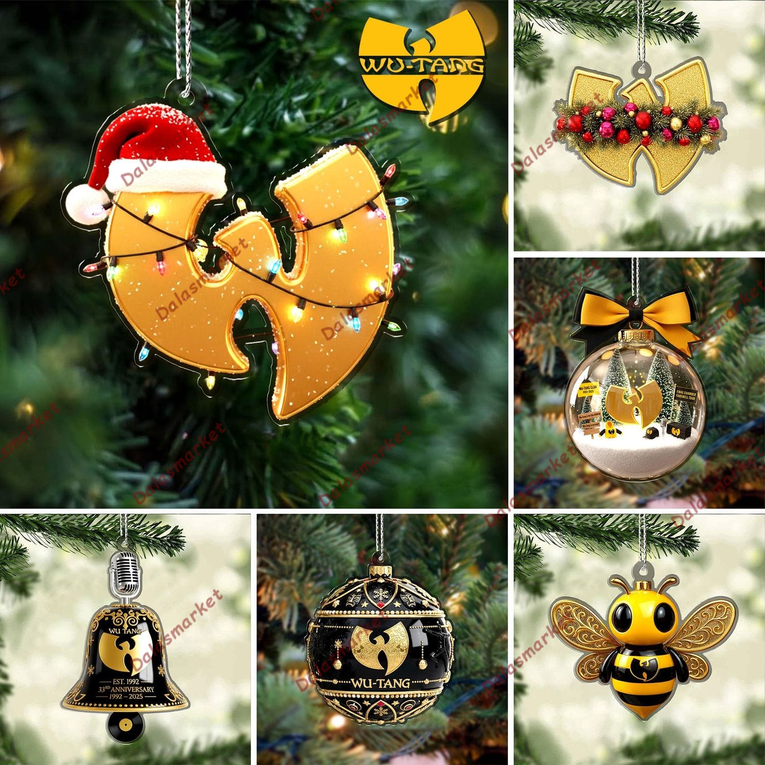 Wu-Tang Gold Logo Santa Hat And Lights Christmas Ornaments